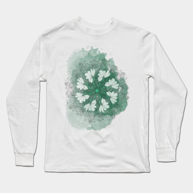 White Poppy Mandala on Emerald Long Sleeve T-Shirt by cheriedirksen